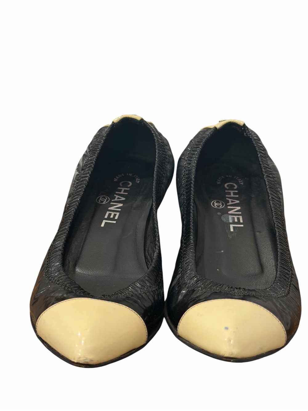 CHANEL Black Patent Leather Beige Cap Toe Ballet Flats Shoes Size 35 - Picture 3 of 16